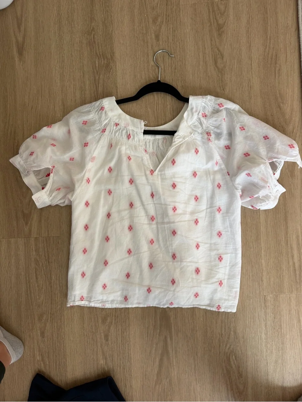 J. Crew White Puff-Sleeve Blouse with Pink Motif